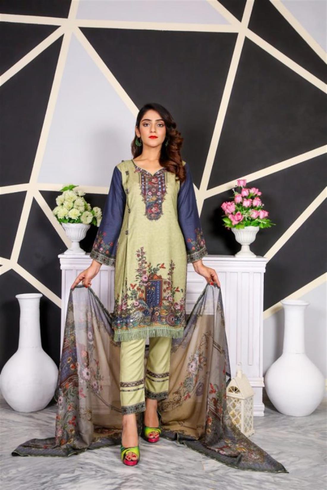 Mint Green Beaded Chiffon Ladies 3 Piece Suit