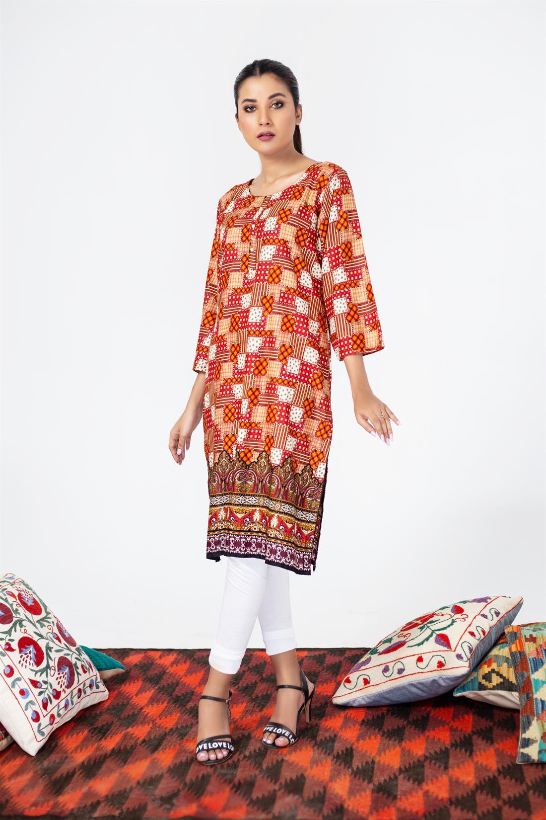Multicolour Traditional Printed Kurta with Pearl Button