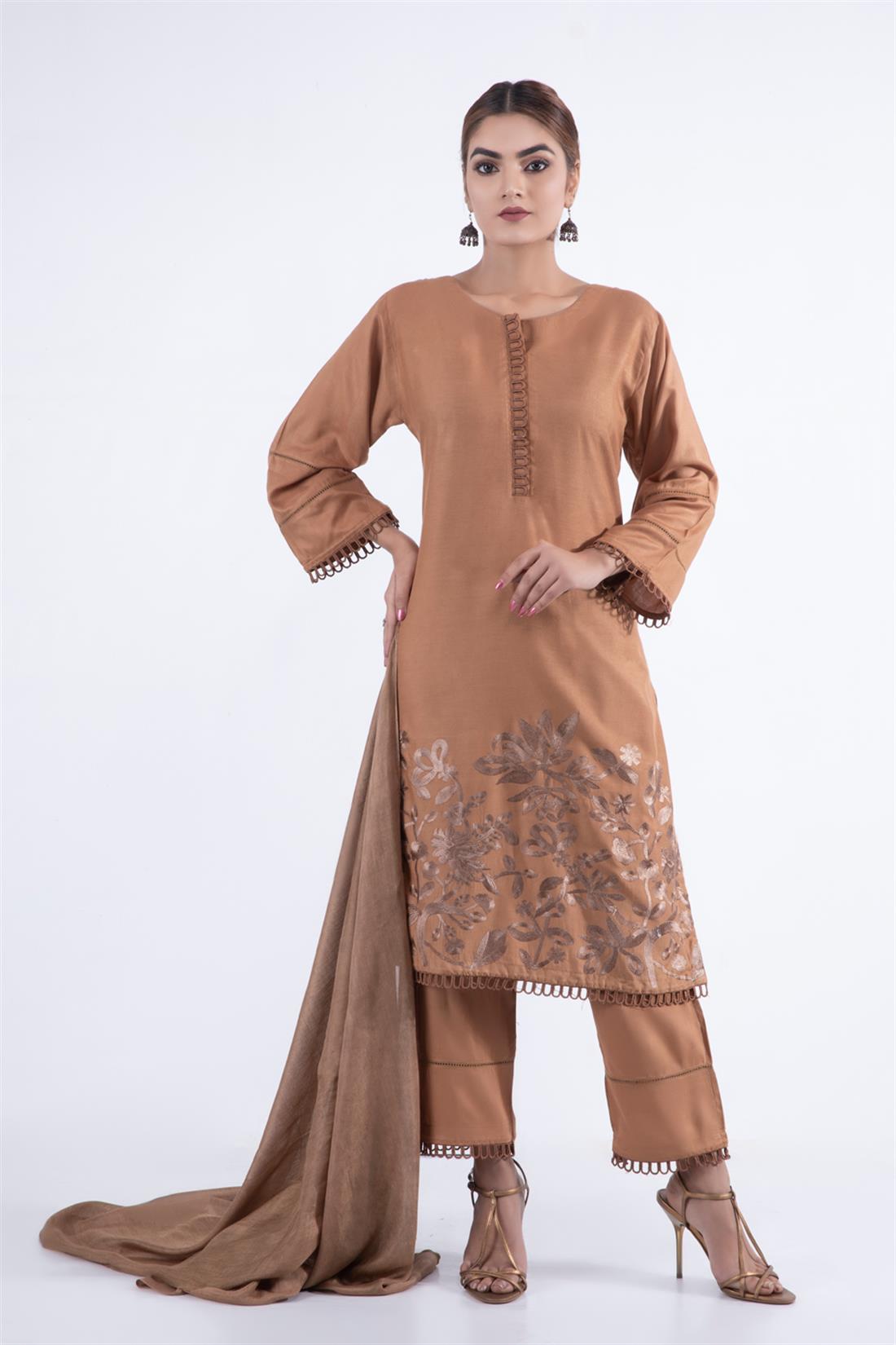 Brown Embroidered Chiffon 3 Piece Suits