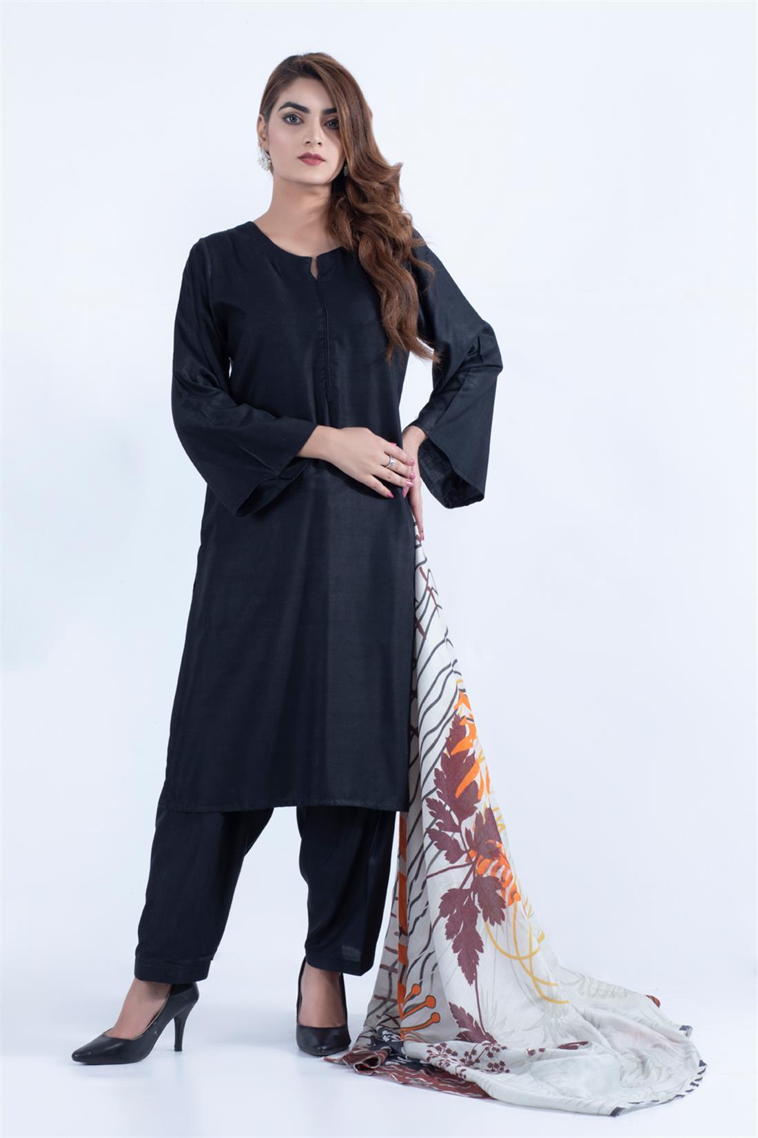 Black Digital Print Linen 3 Piece Ladies Readymade Salwar Suit