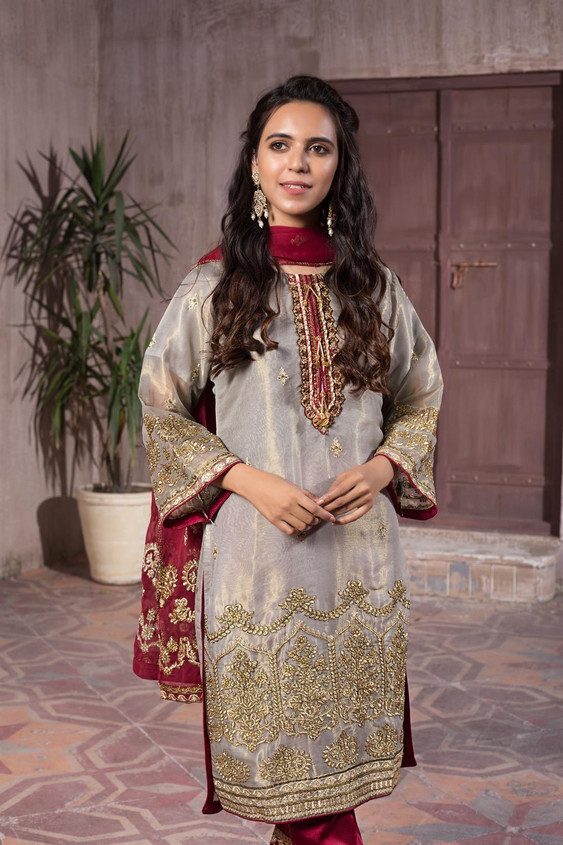 Grey Chiffon Embroidered Salwar Kameez with Dupatta