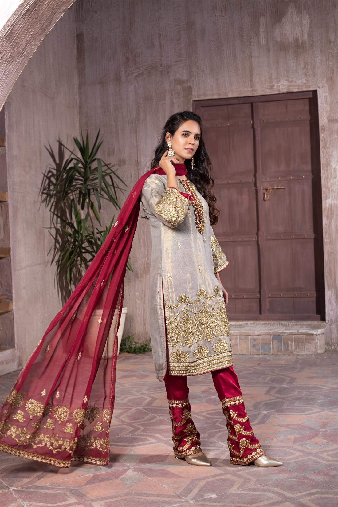Grey Chiffon Embroidered Salwar Kameez with Dupatta