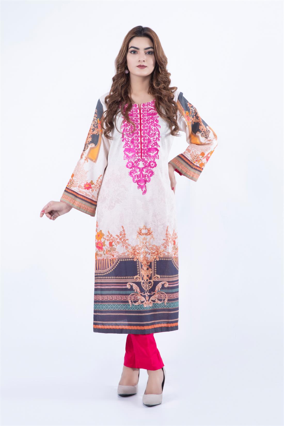 Skin & Pink Embroidered Chiffon Skin/Pink Viscose 3 Piece Readymade Salwar Kameez