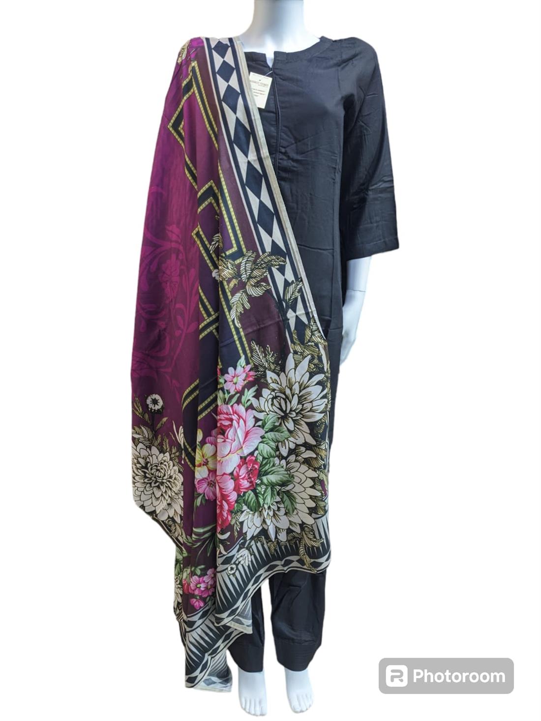 Black Digital Print Chiffon Ladies 3 Piece Suit