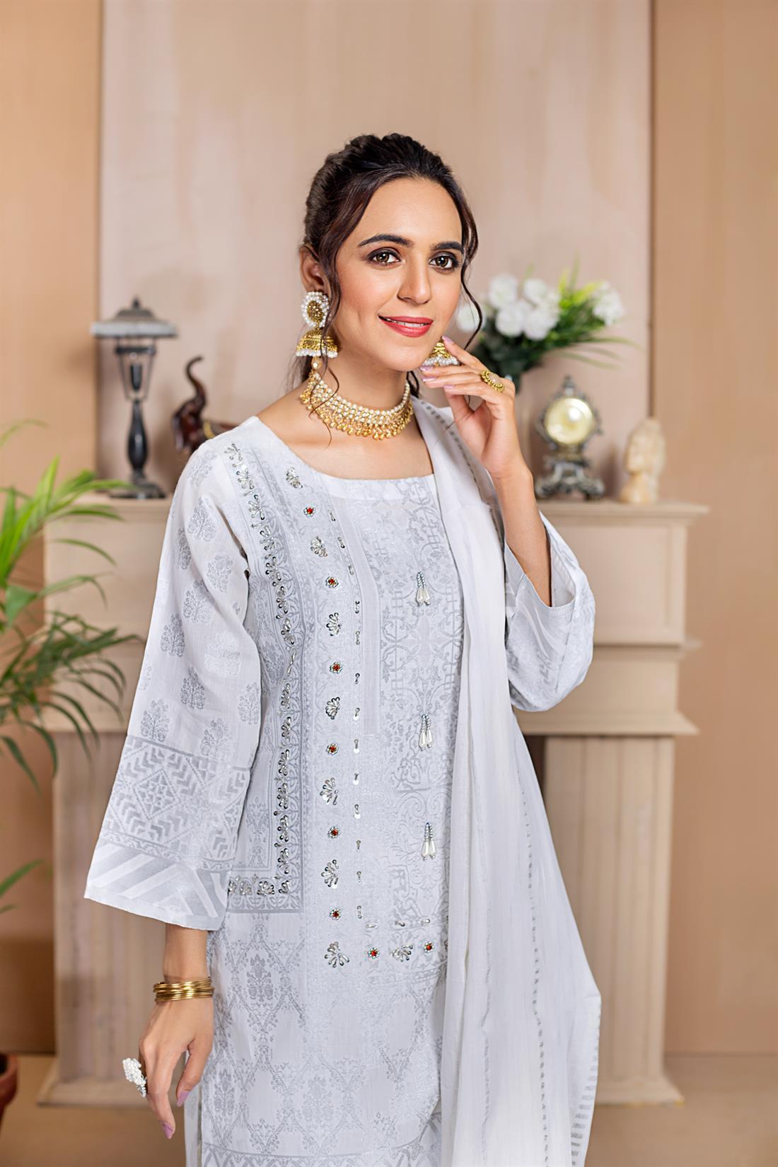 White Printed Cotton Ladies 3 Piece Suit