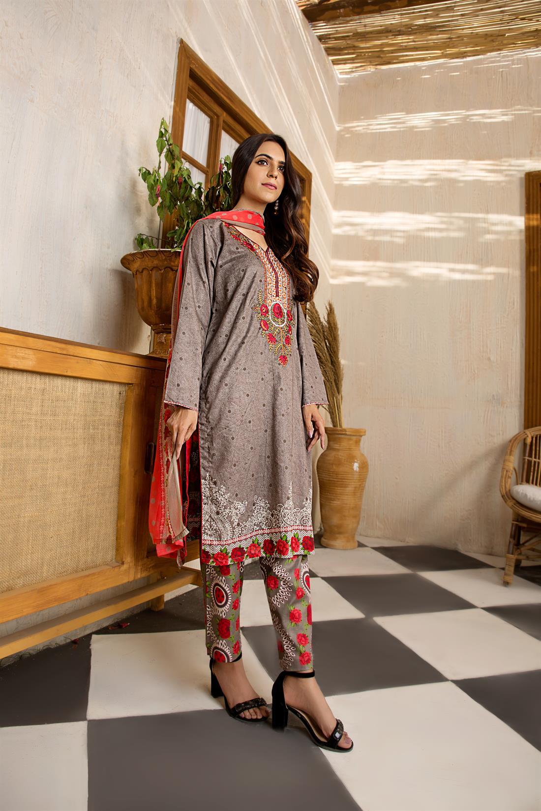 Dark Grey Embroidered Chiffon 3 Piece Printed Lawn Readymade Salwar Suit