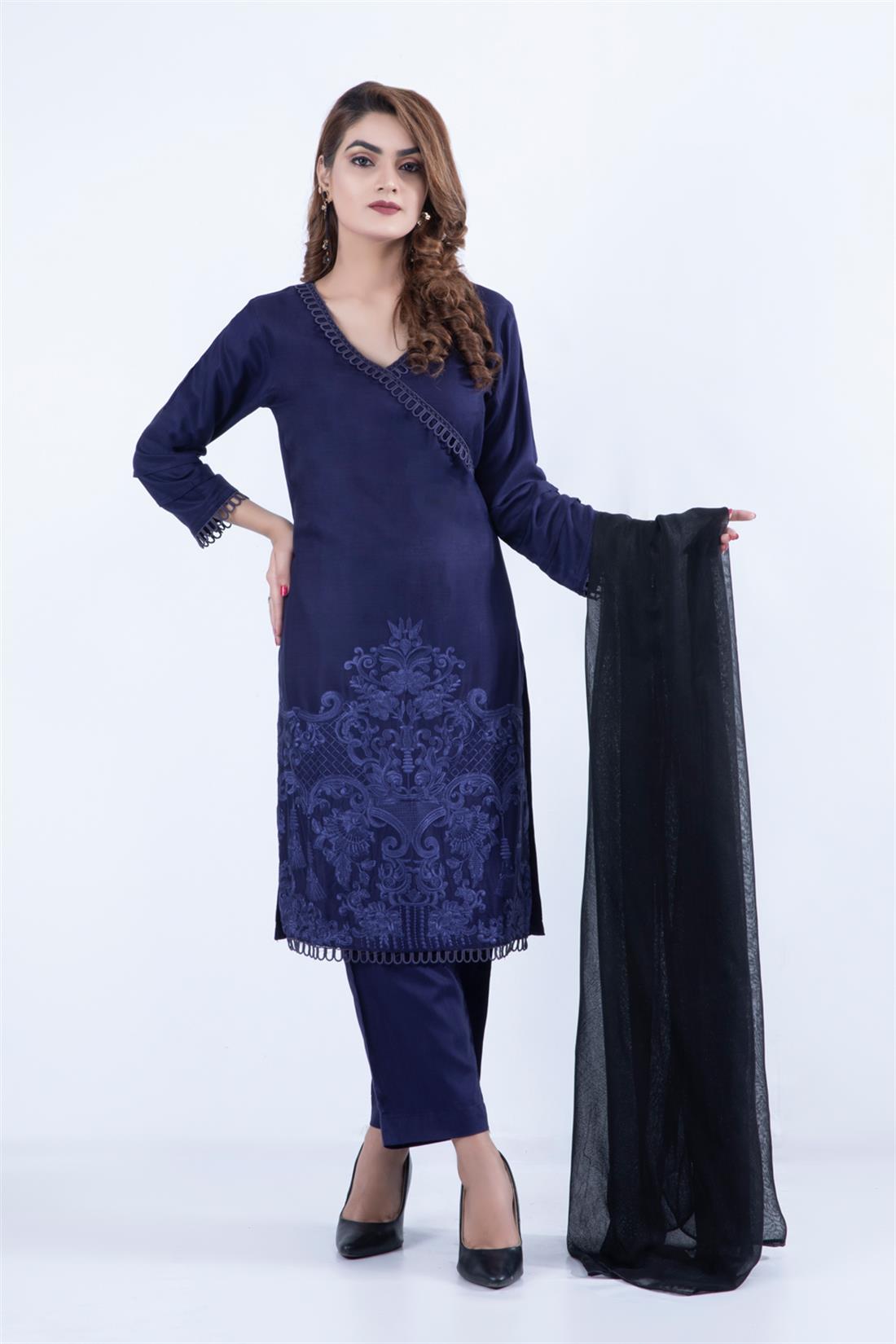 Navy Blue Embroidered Chiffon 3 Piece Suits