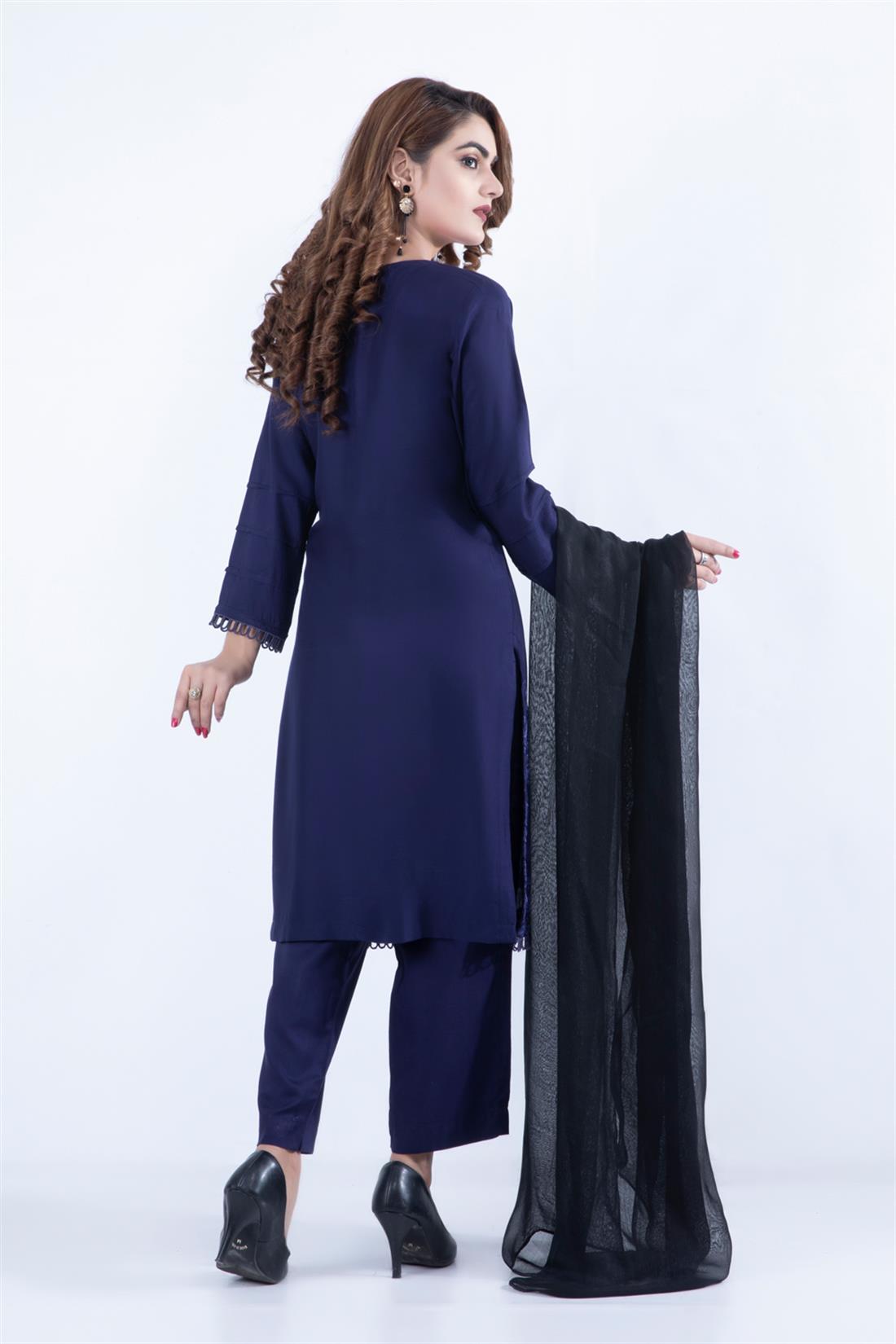 Navy Blue Embroidered Chiffon 3 Piece Suits