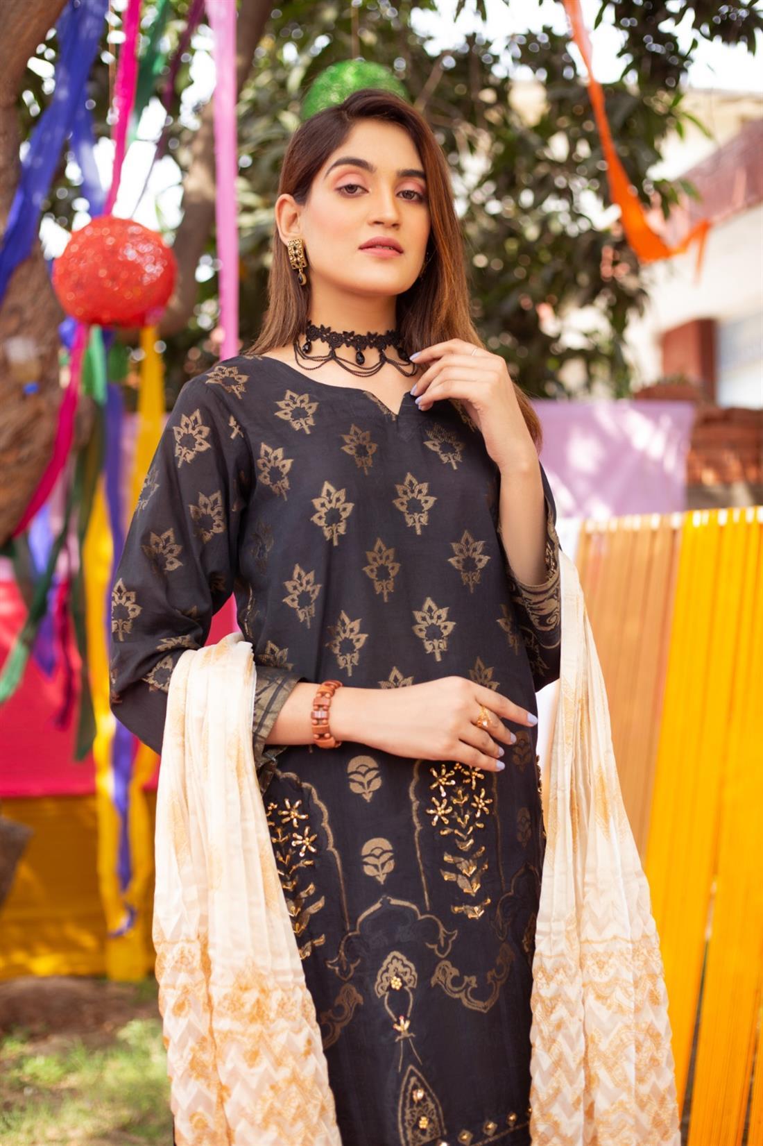 Black Jacquard Embroidered Kameez with Dupatta & Trouser