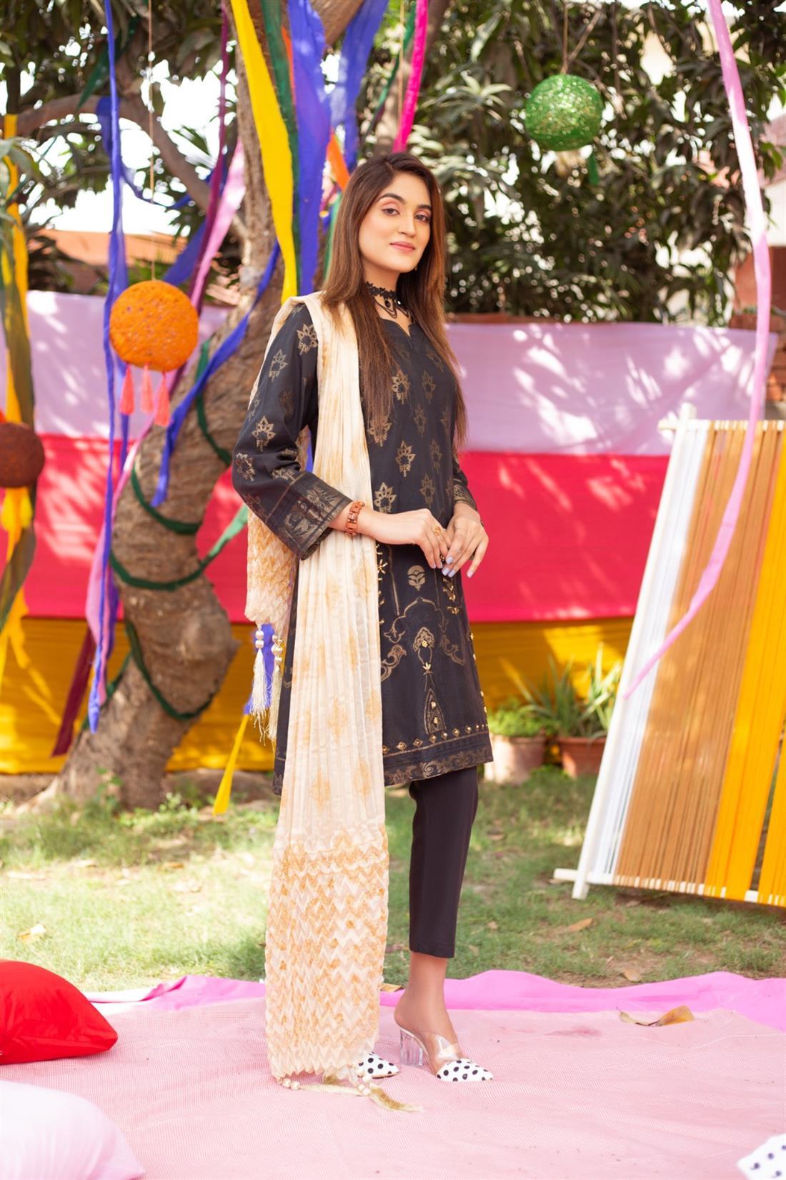 Black Jacquard Embroidered Kameez with Dupatta & Trouser