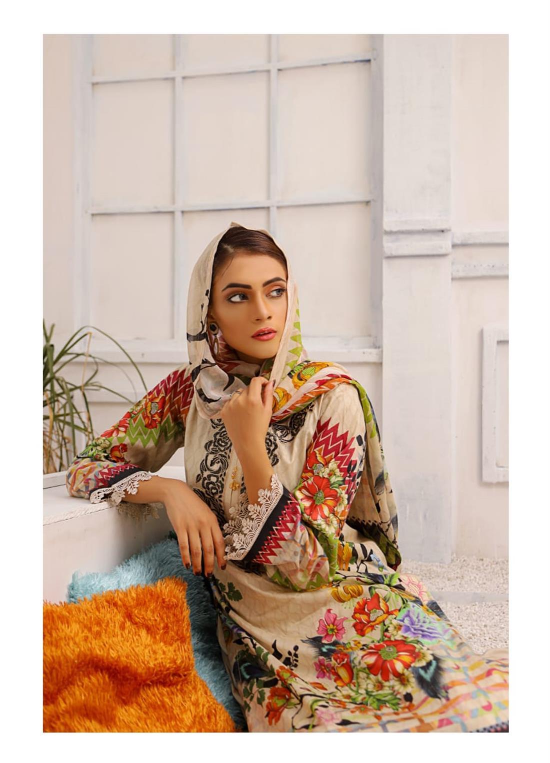 Cream & Green Embroidered Chiffon Cream/Green 3 Piece Readymade Lawn Suit with Dupatta