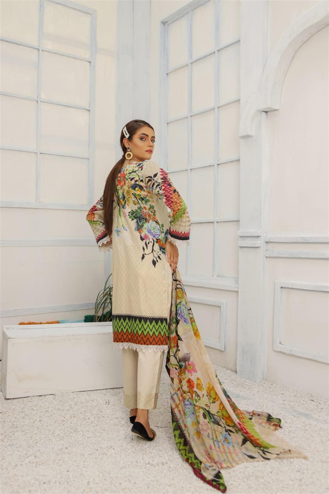 Cream & Green Embroidered Chiffon Cream/Green 3 Piece Readymade Lawn Suit with Dupatta
