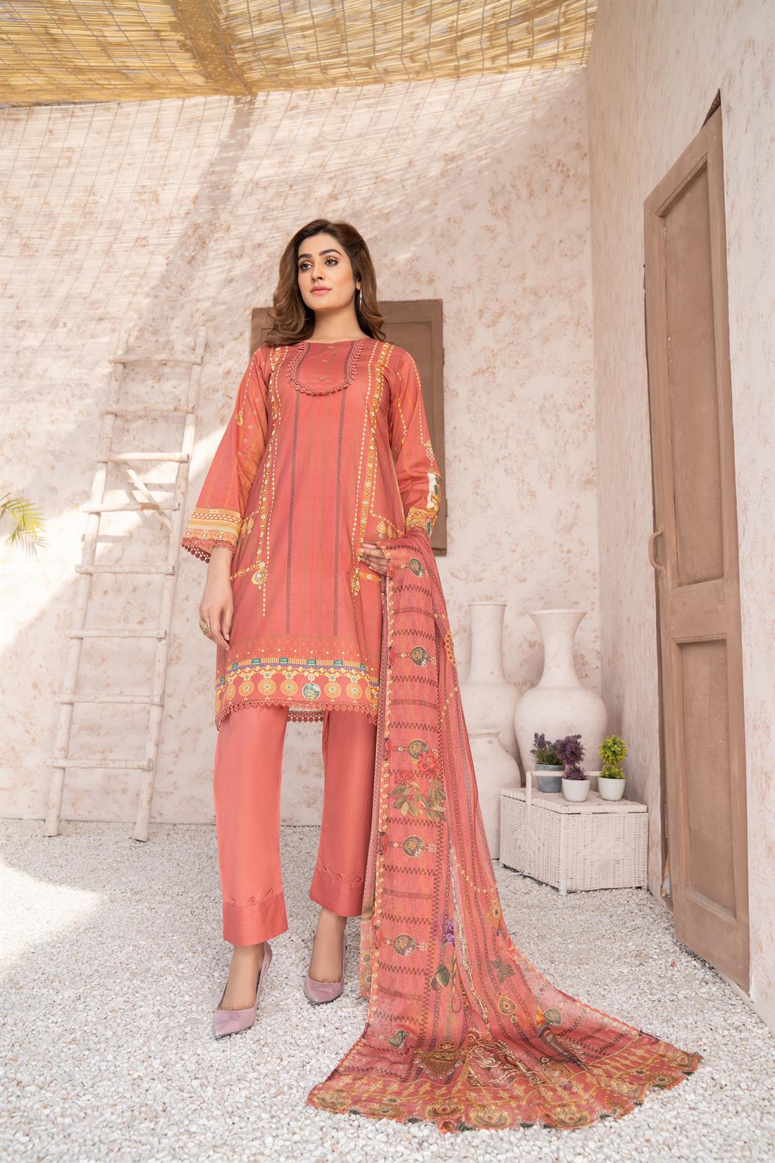 Dusky Pink Embroidered Chiffon Dusty Readymade Printed Lawn Salwar Suit