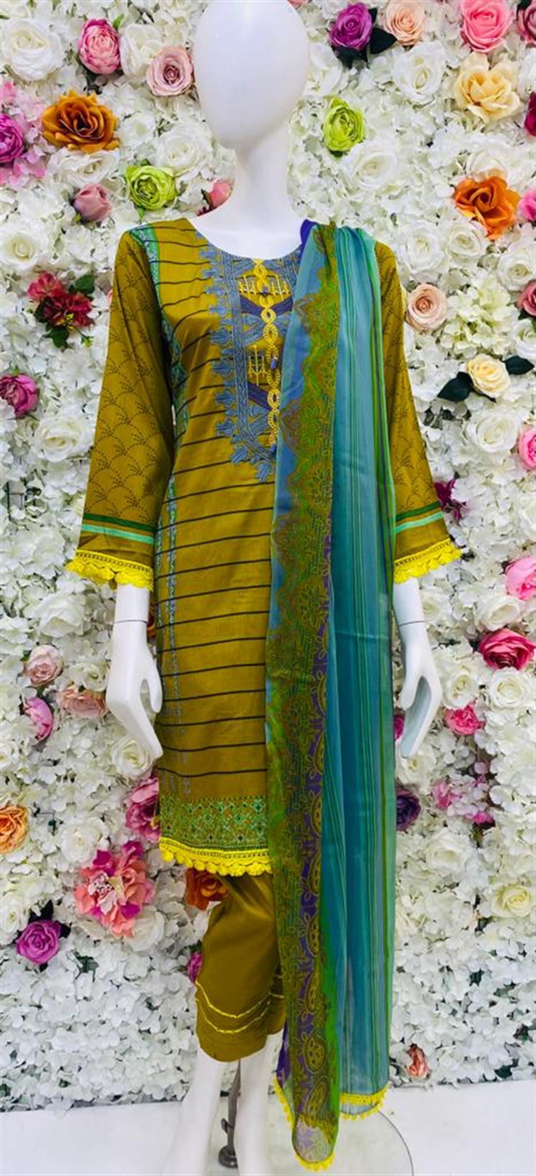 Mustard Printed Lawn Ladies 3 Piece Suit