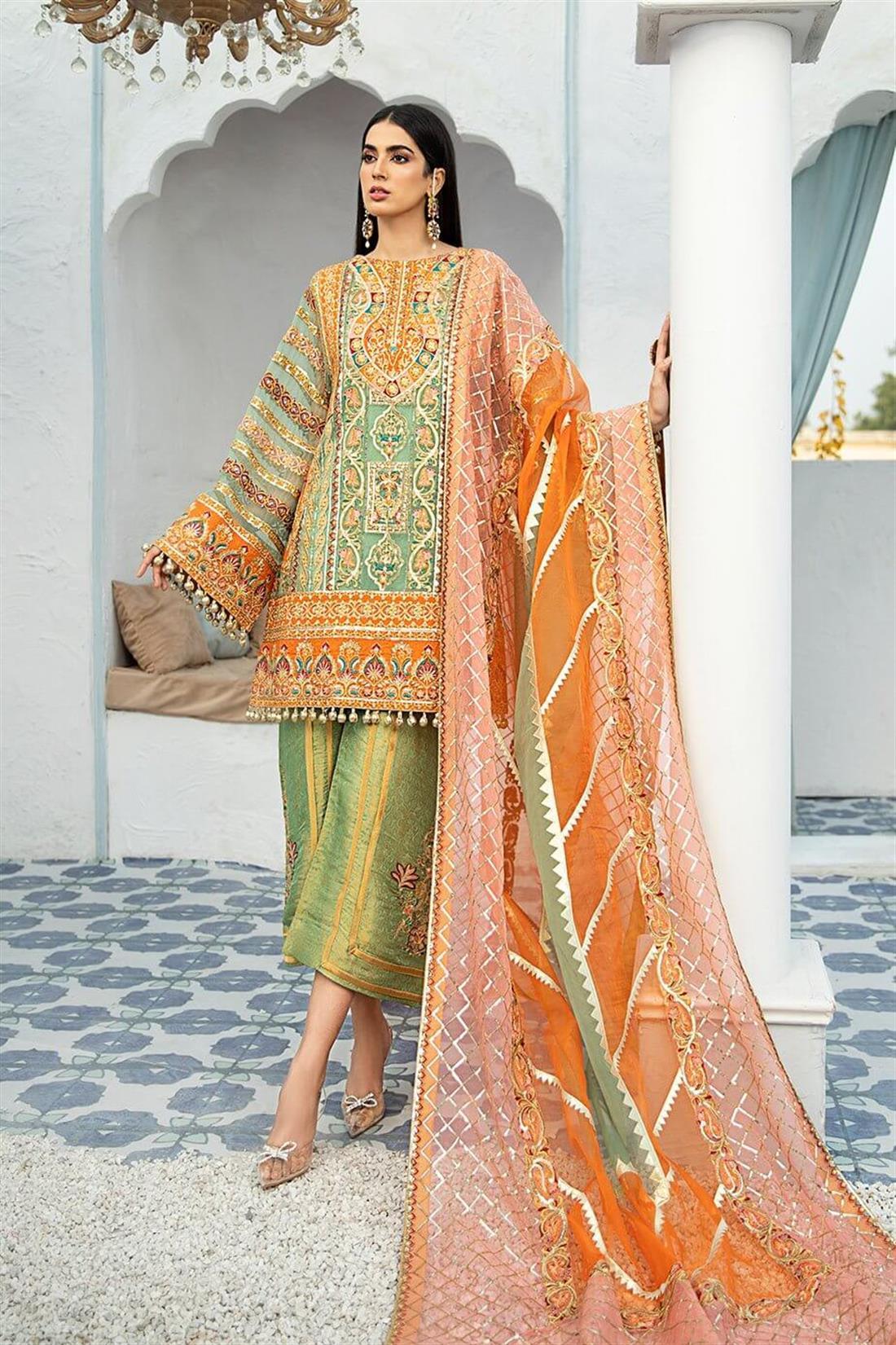 Green & Orange Embroidered Organza 3 Piece Suit