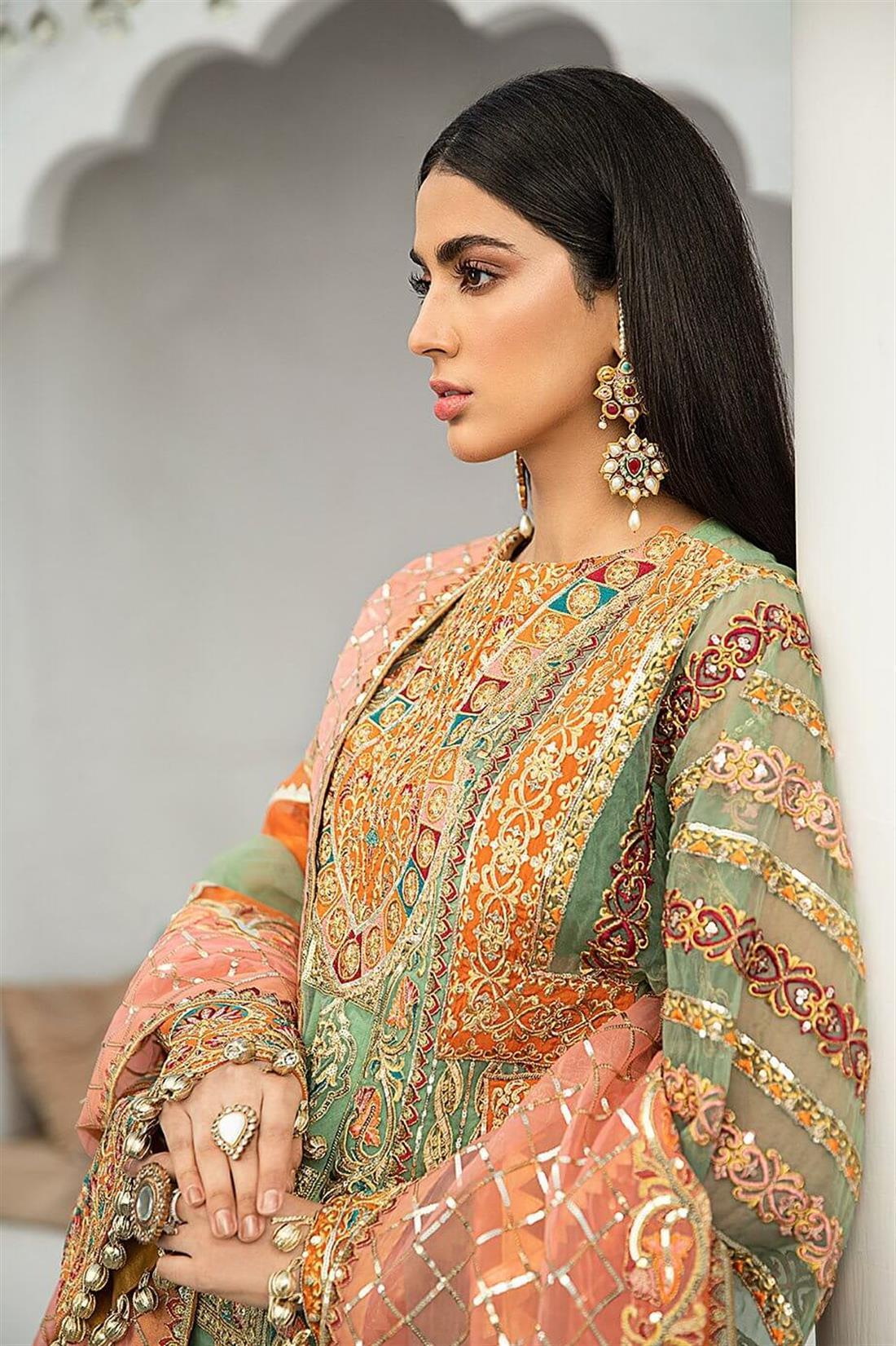 Green & Orange Embroidered Organza 3 Piece Suit