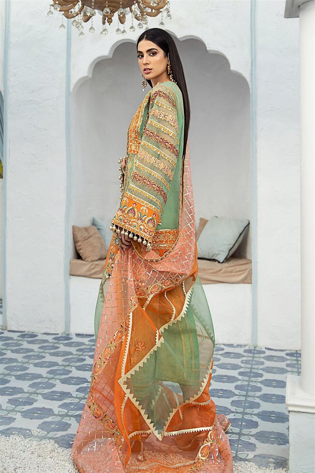 Green & Orange Embroidered Organza 3 Piece Suit