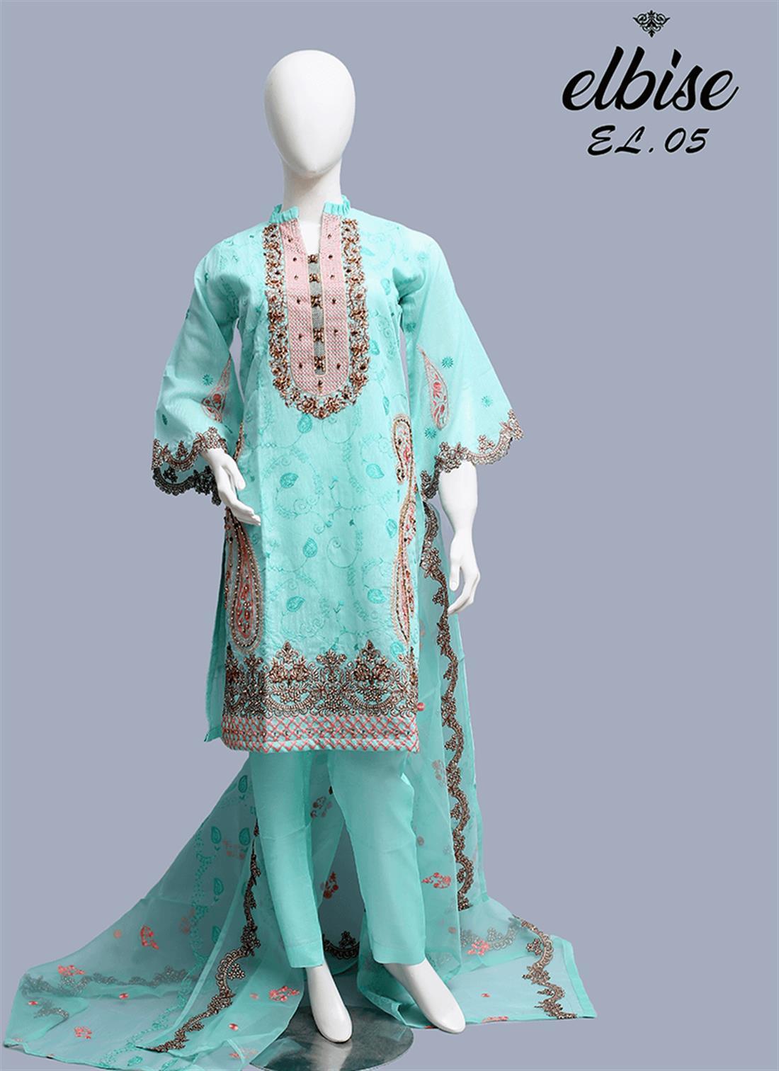 Aqua Raw Silk 3 Piece Embroidered Ladies Readymade Salwar Suit