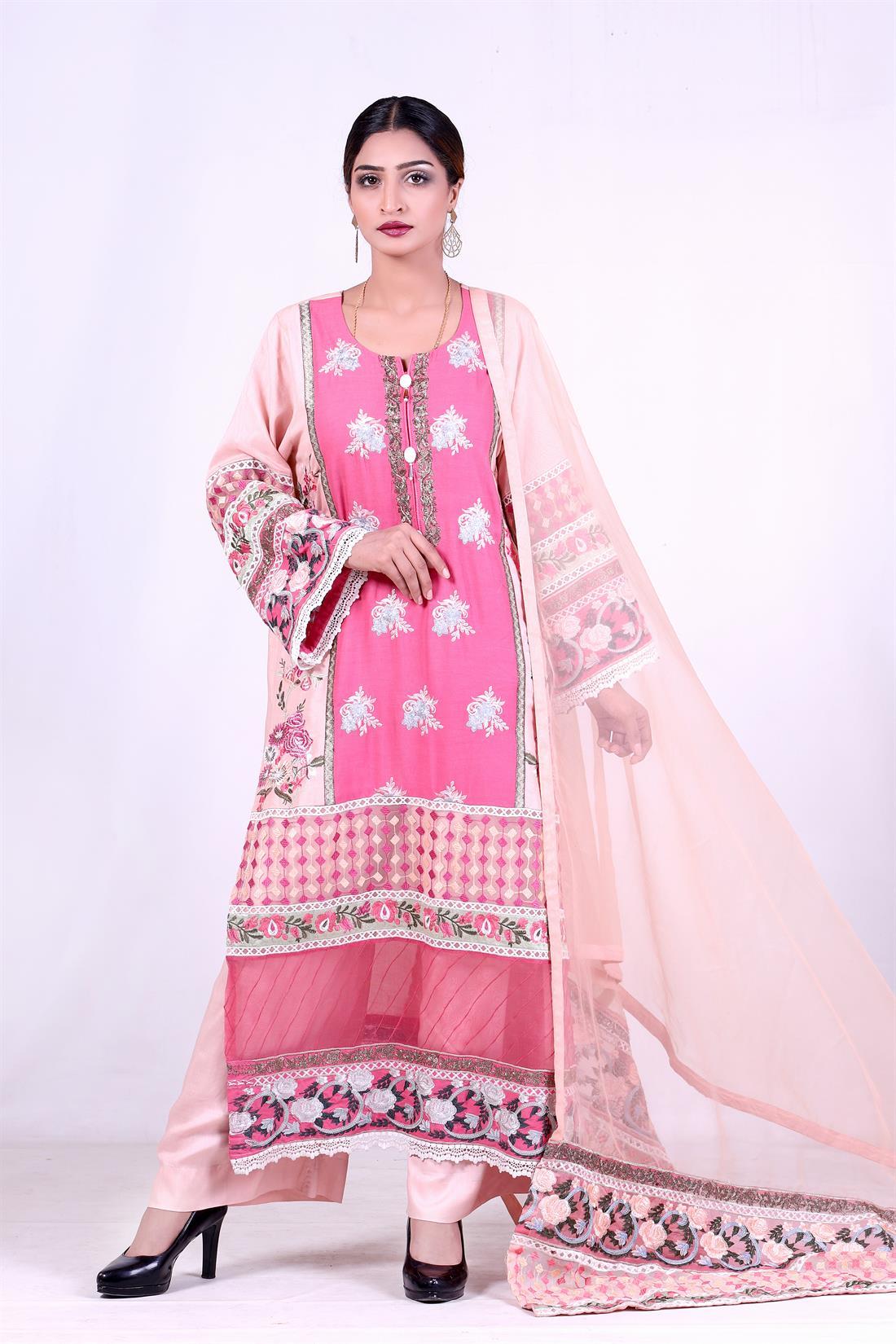 Pink & Peach Embroidered Organza Pink/Peach 3 Piece Linen Salwar Kameez with Dupatta