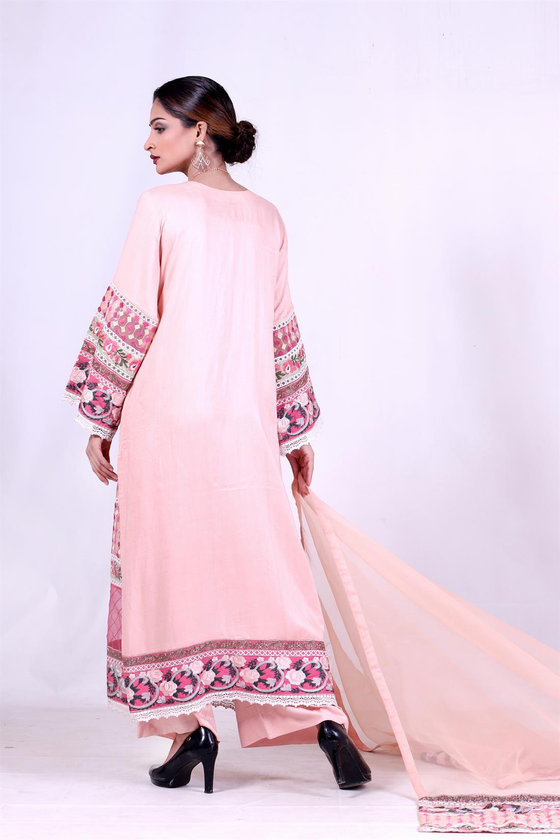 Pink & Peach Embroidered Organza Pink/Peach 3 Piece Linen Salwar Kameez with Dupatta