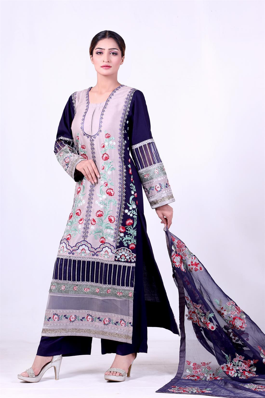Grey & Navy Organza Grey/Navy 3 Piece Embroidered Kameez & Linen Trouser