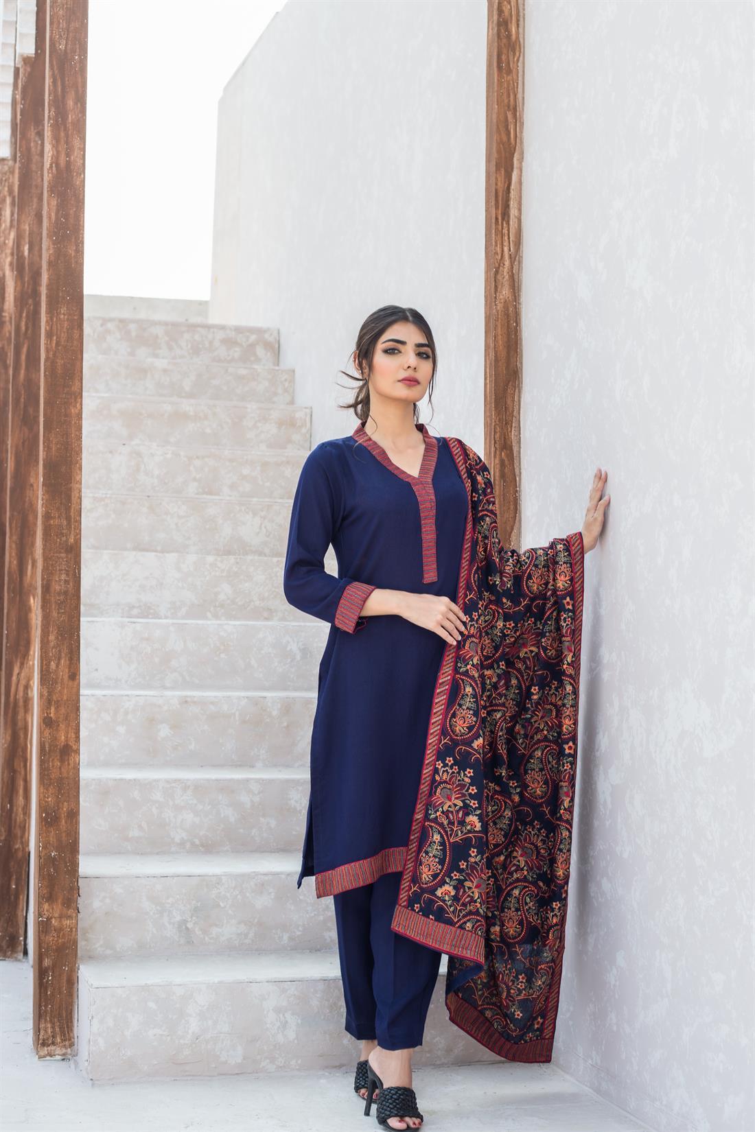 Navy Embroidered Karandi Ladies 3 Piece Suit