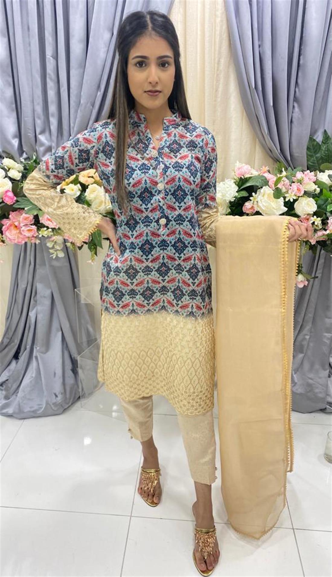 Navy & Beige Embroidered Organza Ladies Readymade Silk Salwar Suit
