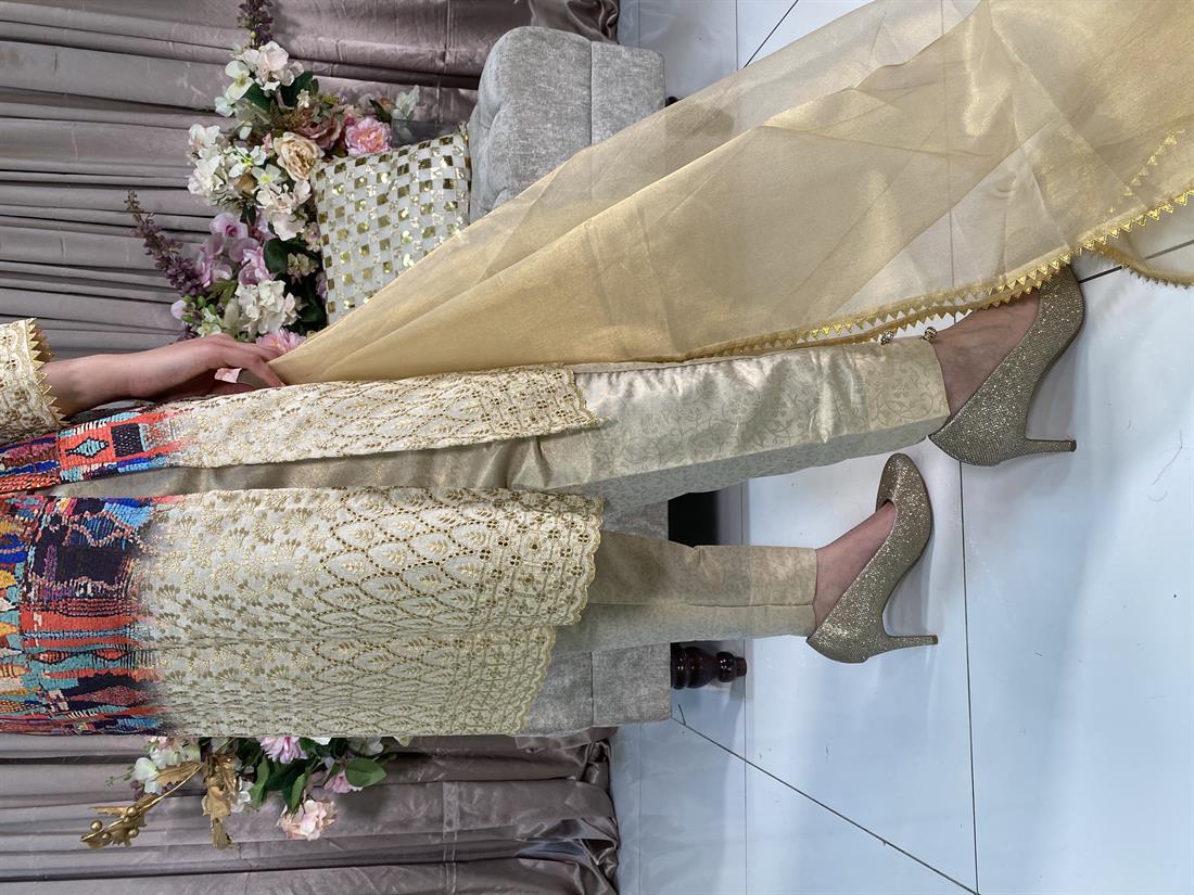 Multicolour Embroidered Organza Ladies 3 Piece Suit