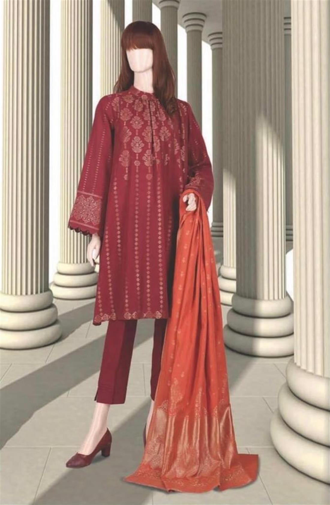 Maroon Jacquard Lawn 3 Piece Suit