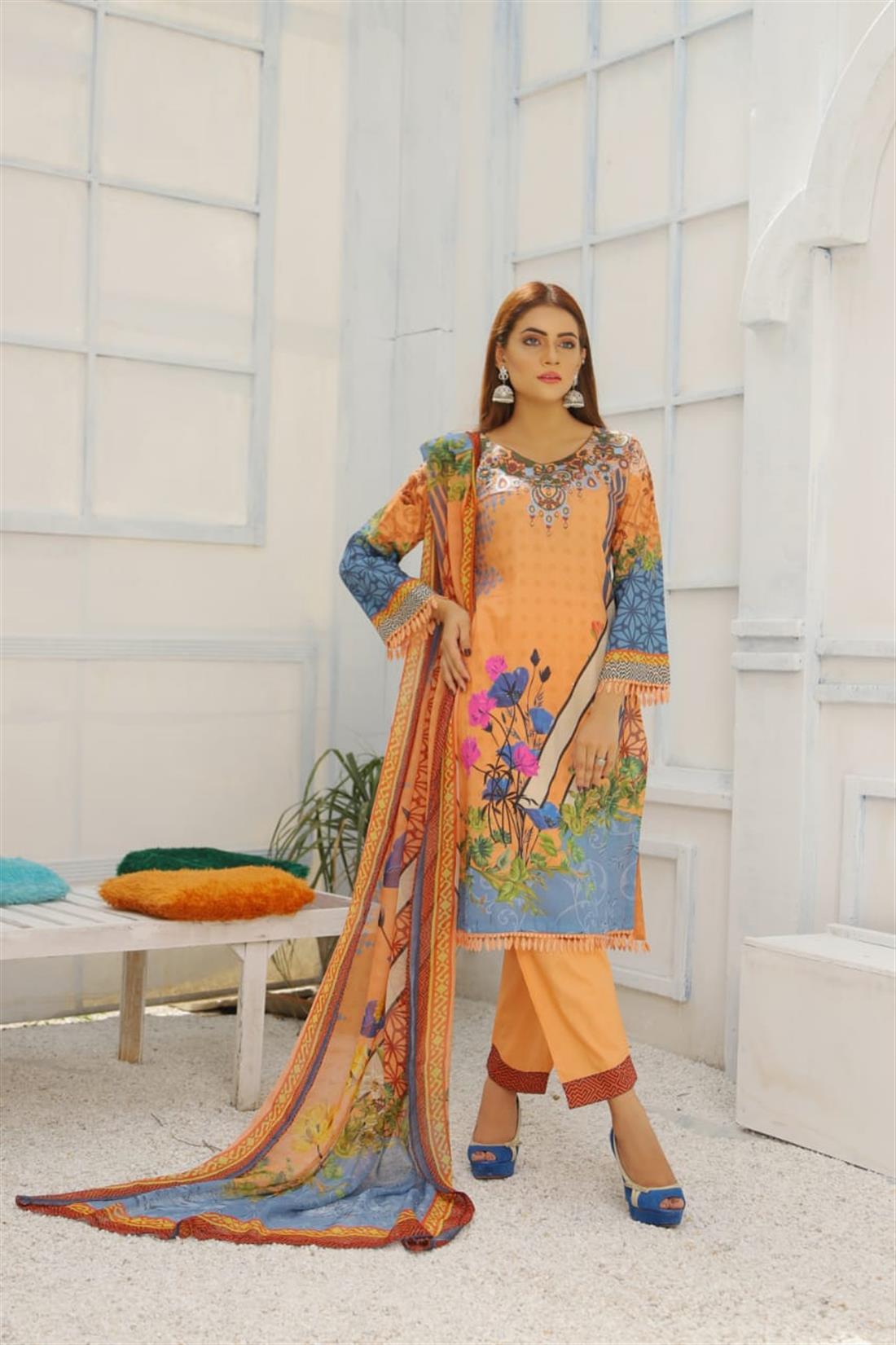 Peach Printed Lawn Ladies 3 Piece Suit