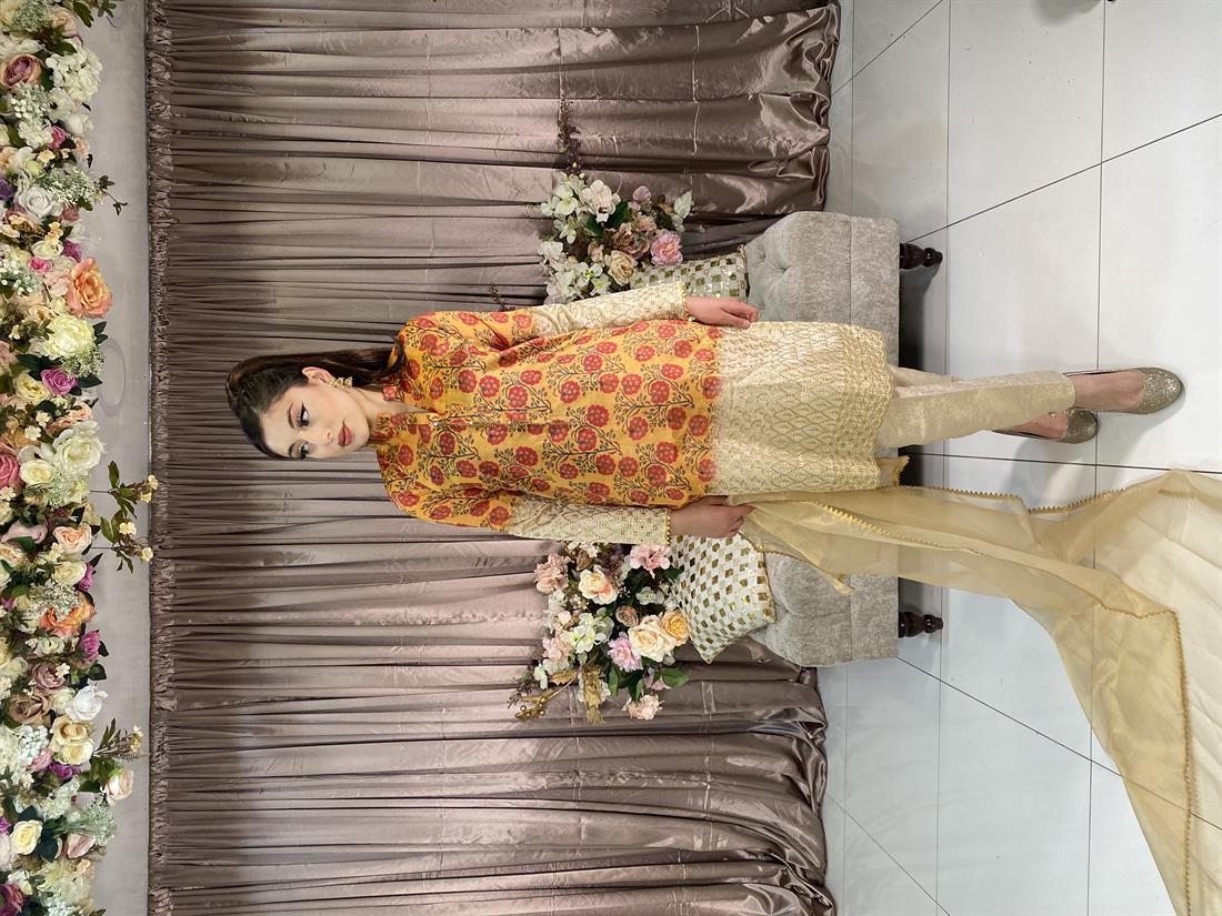Yellow Embroidered Organza Ladies Silk Outfit
