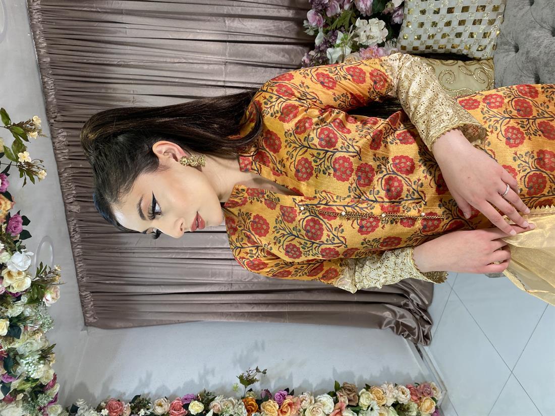 Yellow Embroidered Organza Ladies Silk Outfit