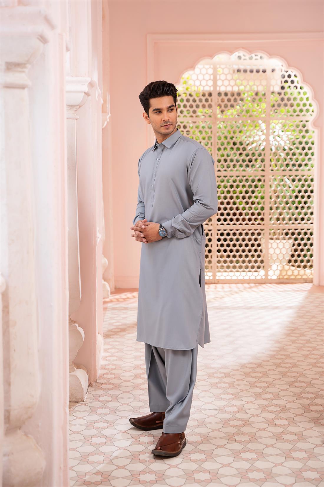 Grey Mens Pathani Shalwar Kameez