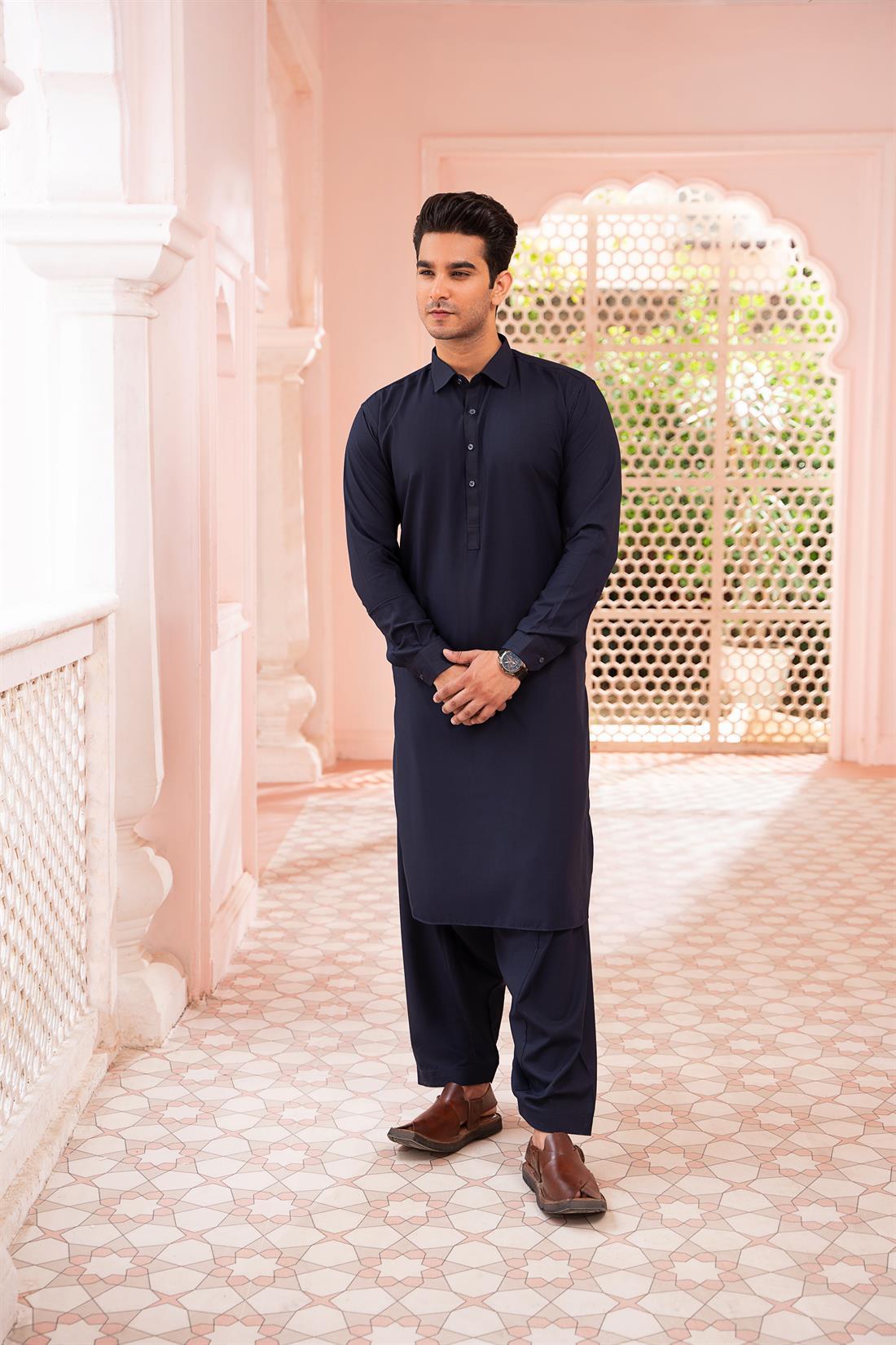 Navy Mens Pathani Shalwar Kameez