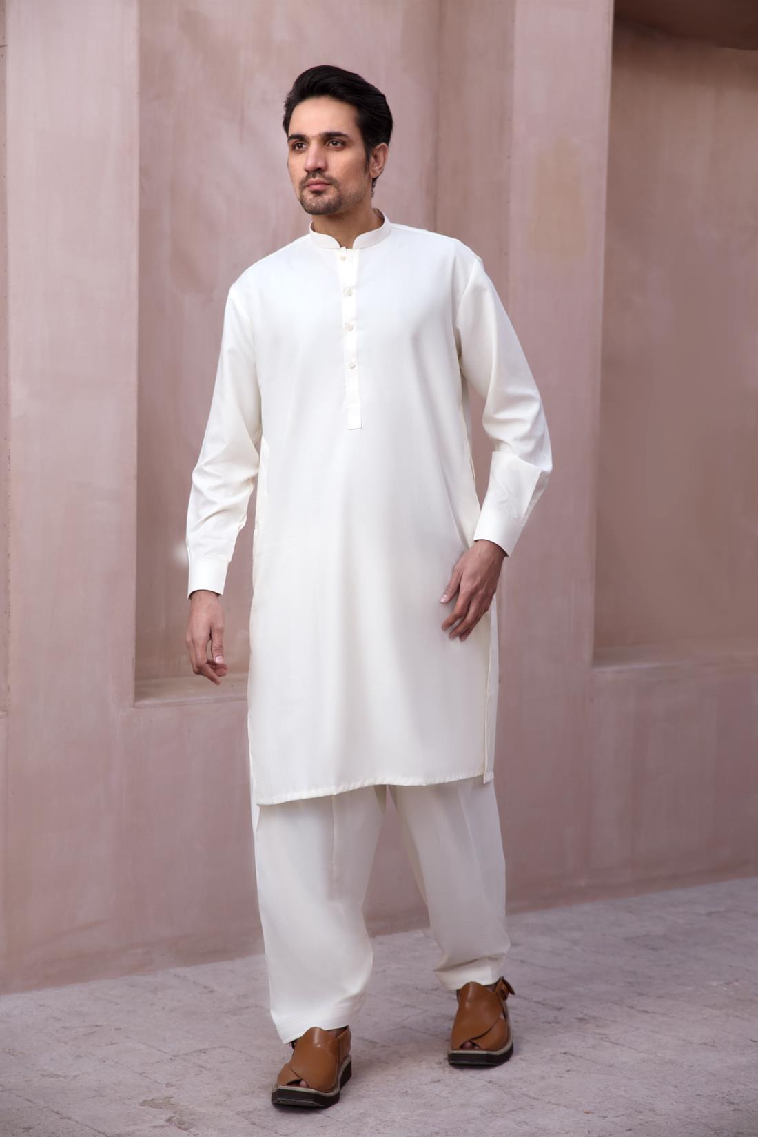 Cream Plain Shalwar Kameez