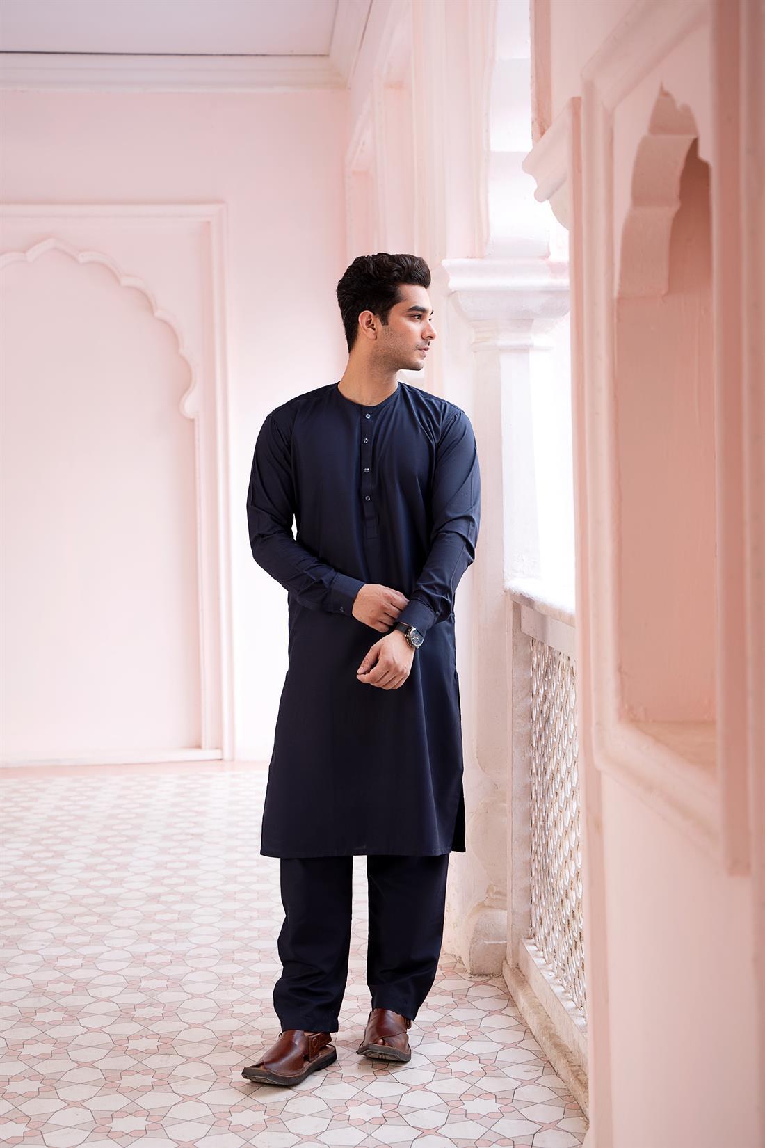 Navy Cotton Round Neck Kurta Pyjama