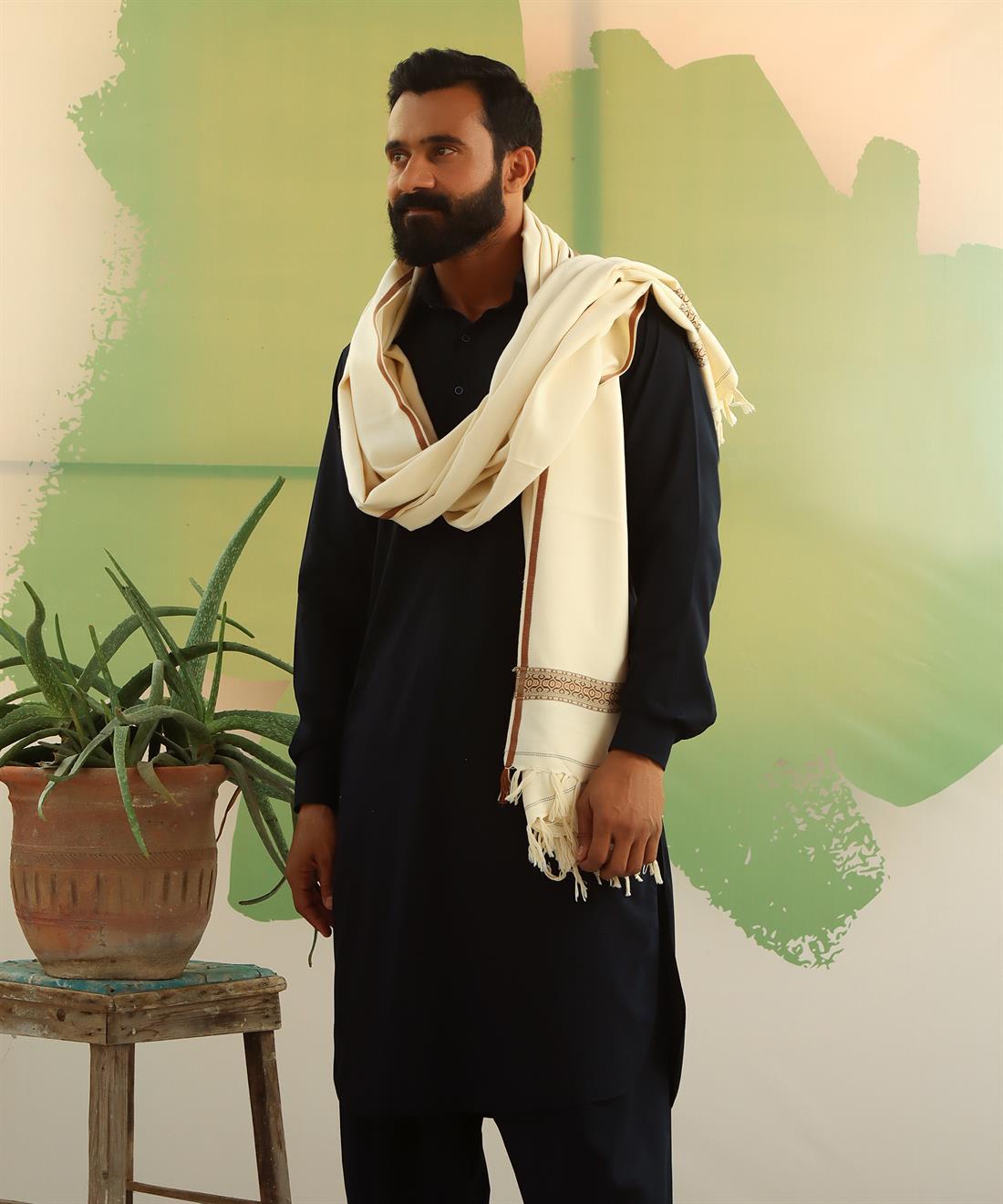 Light Cream Embroidered Mens Shawl