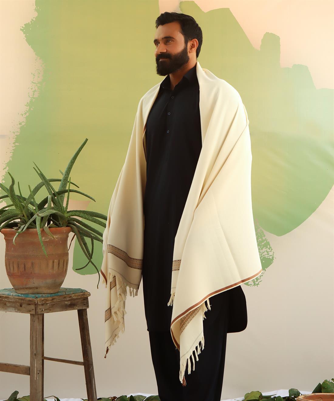Light Cream Embroidered Mens Shawl