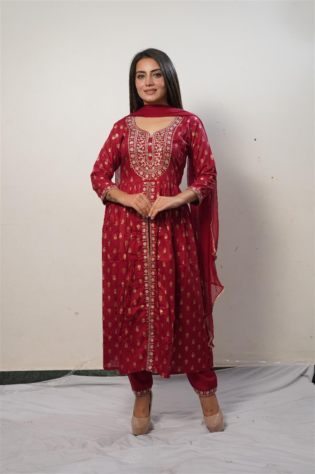 Maroon Cotton Maxi Ladies 3 Piece Suit