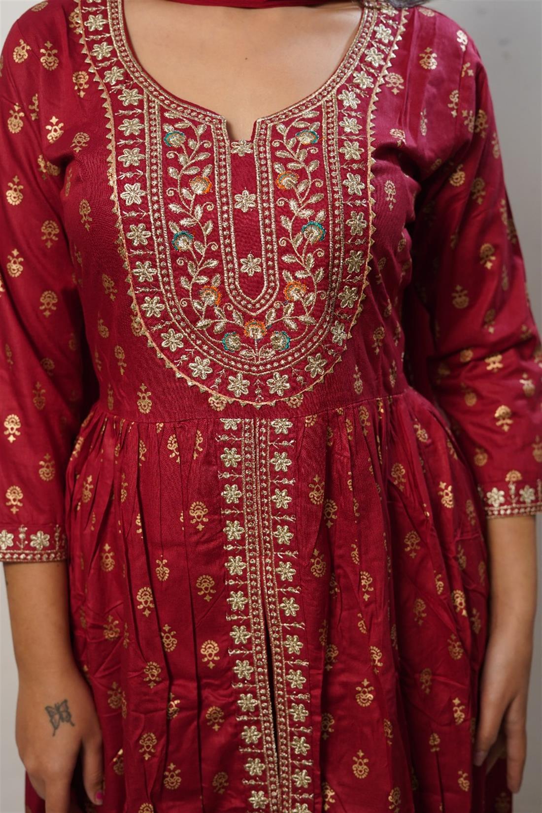 Maroon Cotton Maxi Ladies 3 Piece Suit