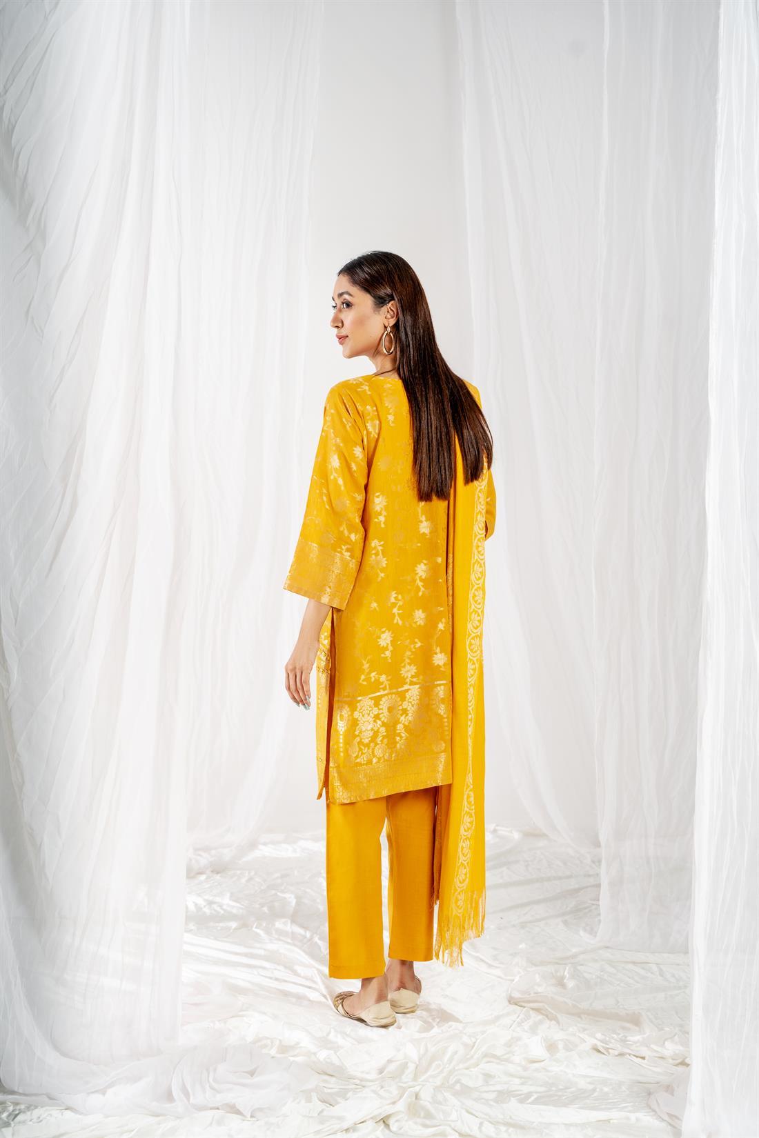 Mustard Printed Jacquard 3 Piece Suits