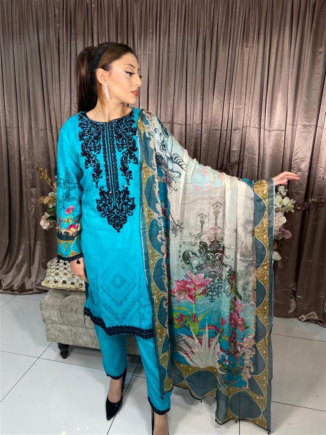 Blue Embroidered Chiffon Ladies 3 Piece Suit