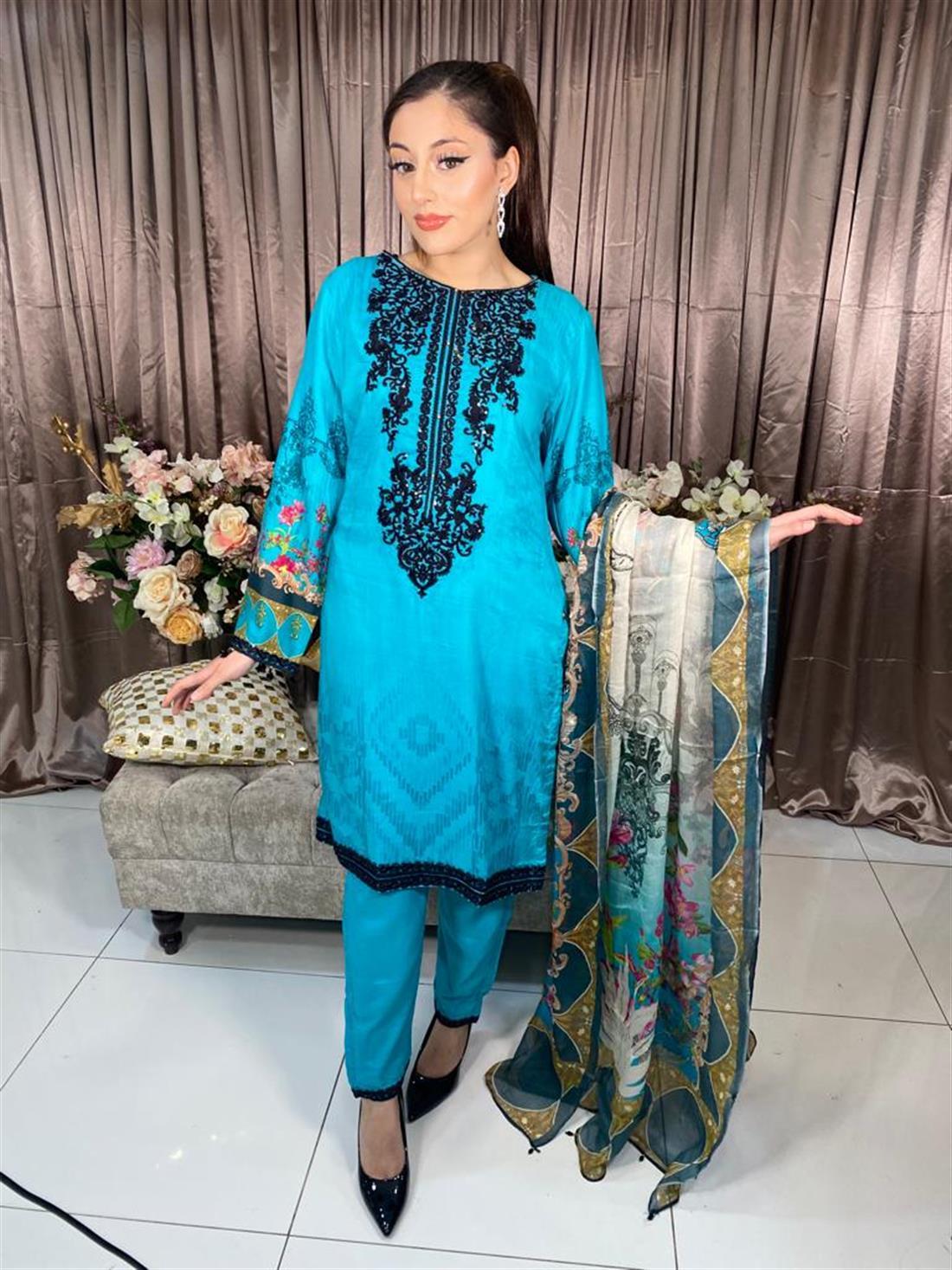 Blue Embroidered Chiffon Ladies 3 Piece Suit