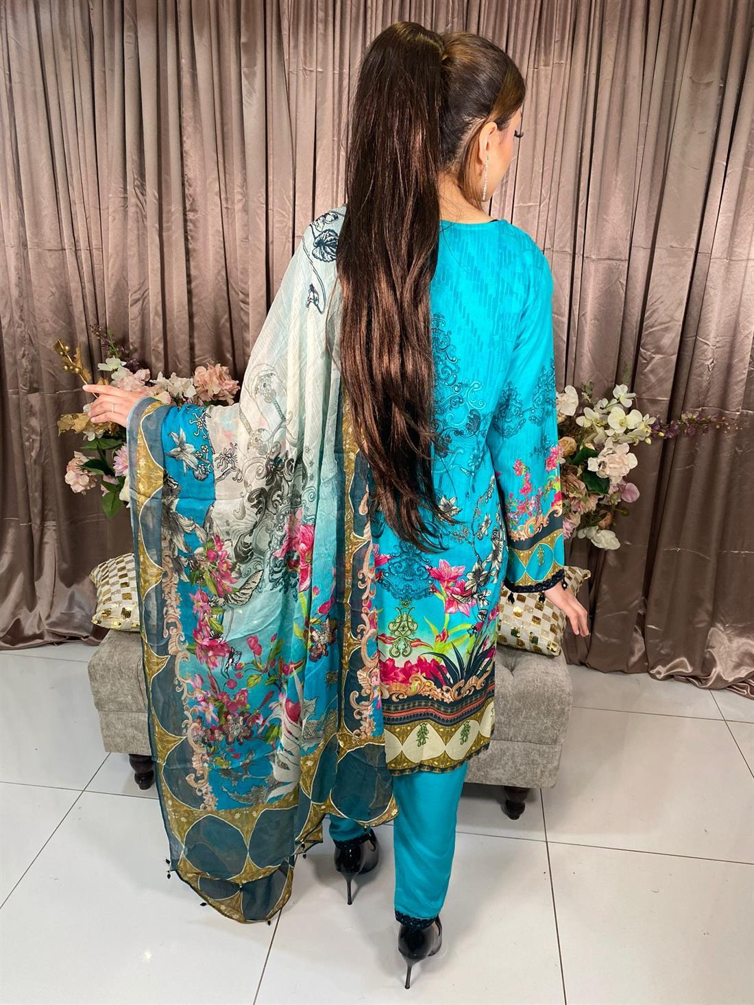 Blue Embroidered Chiffon Ladies 3 Piece Suit