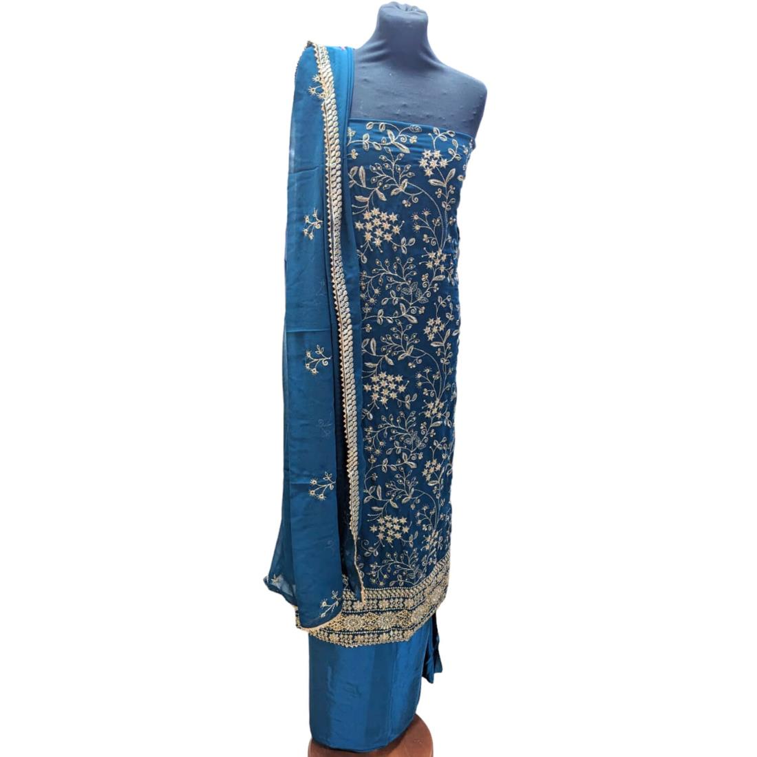 Petrol Embroidered Georgette Ladies 3 Piece Unstitched Suit