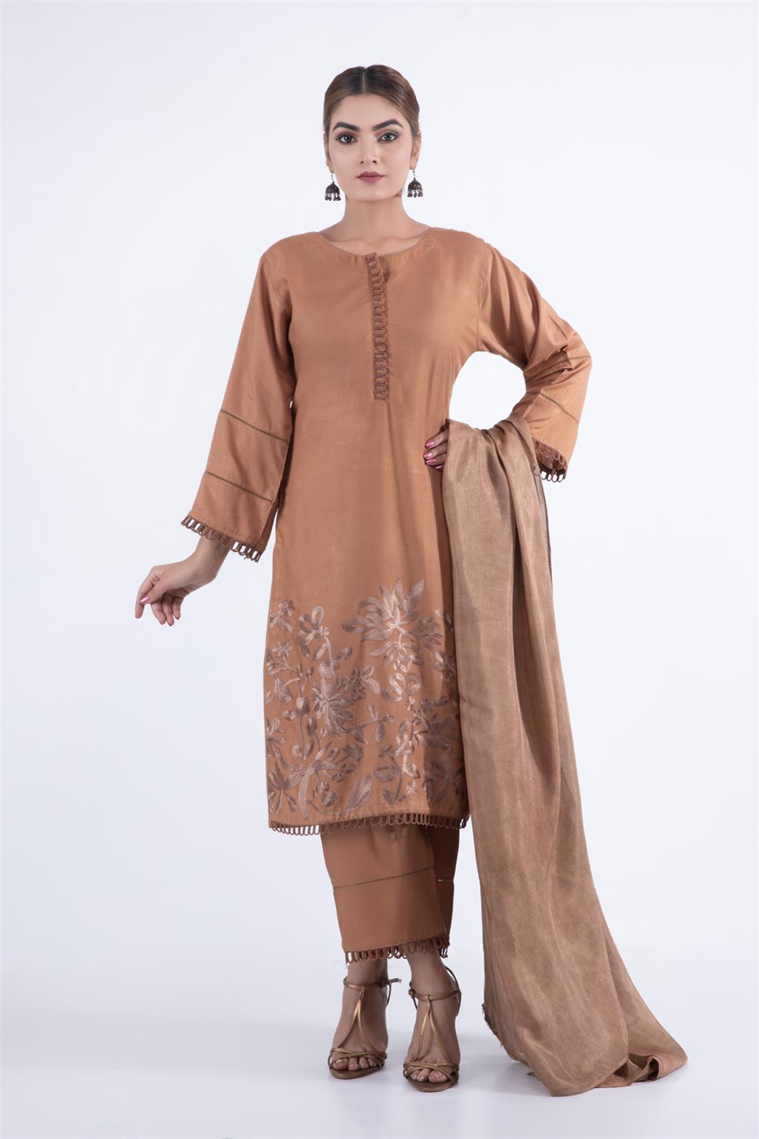 Brown Embroidered Chiffon Linen 3 Piece Suit