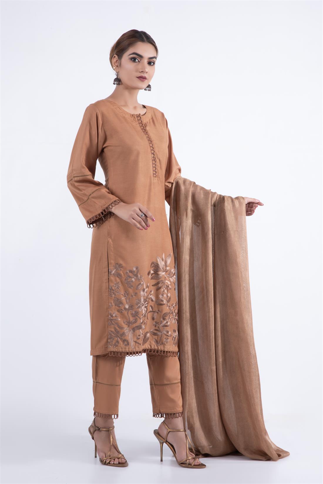 Brown Embroidered Chiffon Linen 3 Piece Suit