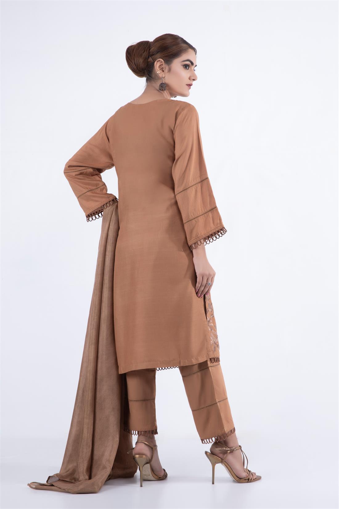 Brown Embroidered Chiffon Linen 3 Piece Suit