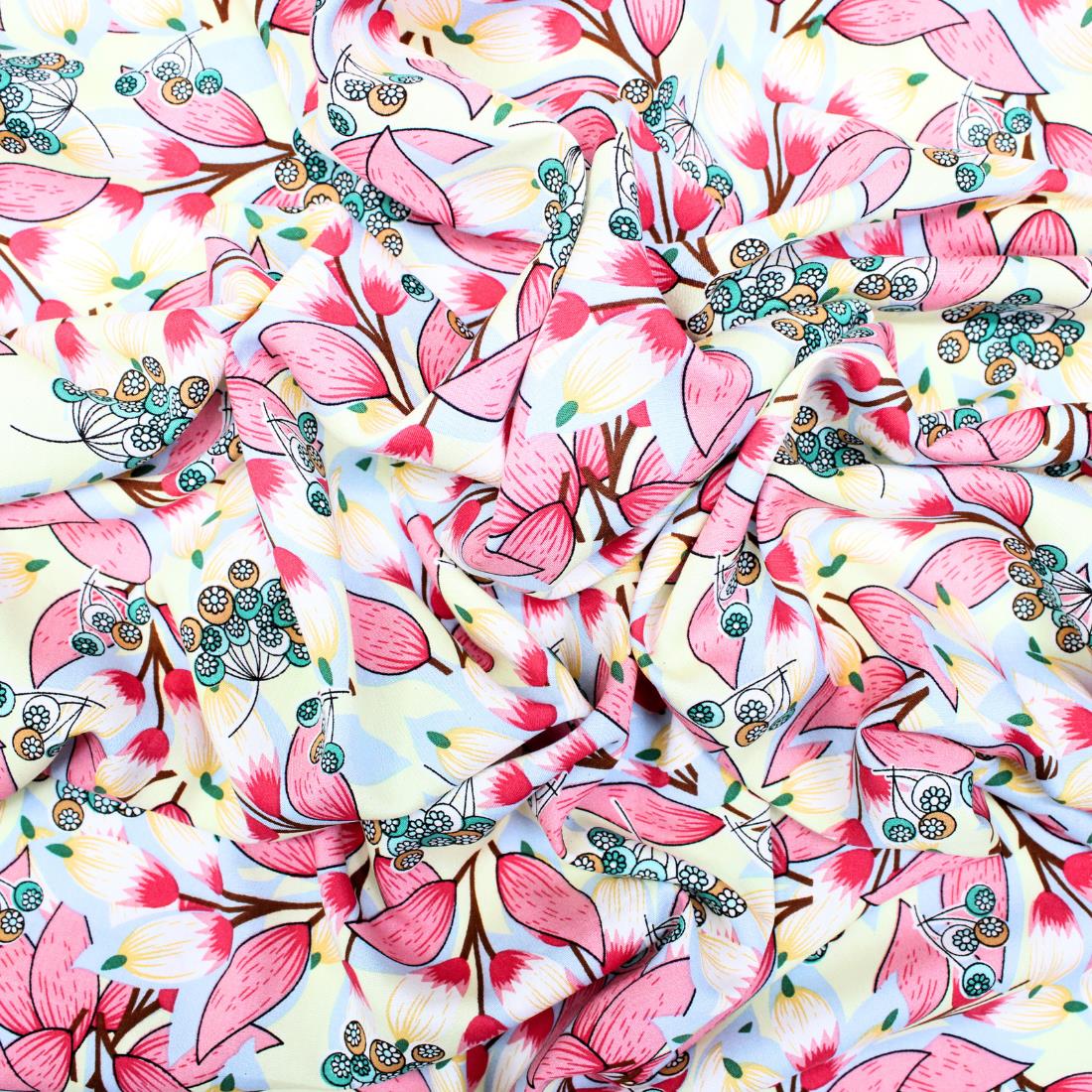 Light Blue & Pink Crepe Printed Dressmaking Viscose Fabric