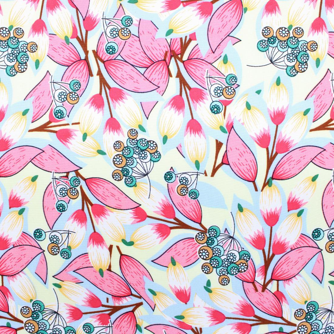 Light Blue & Pink Crepe Printed Dressmaking Viscose Fabric